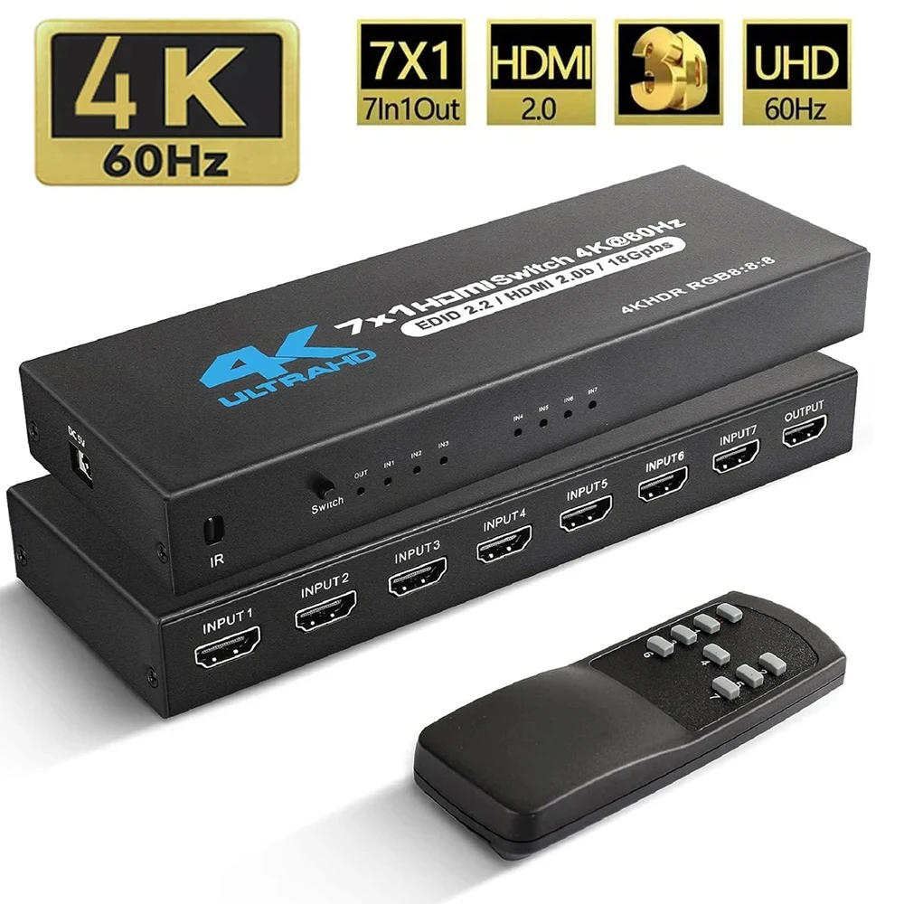 7 Port HDMI-Compatible Switch 4K@60Hz HDMI-Compatible 2.0 7x1 Switcher Audio Video Converter 7 In 1 Out Support HDR & HDCP 2.2