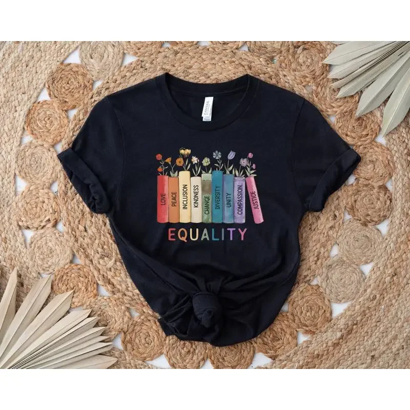 Equal Rights T Shirt Human Equality Social Justice Peace Love Diversity Floral Book