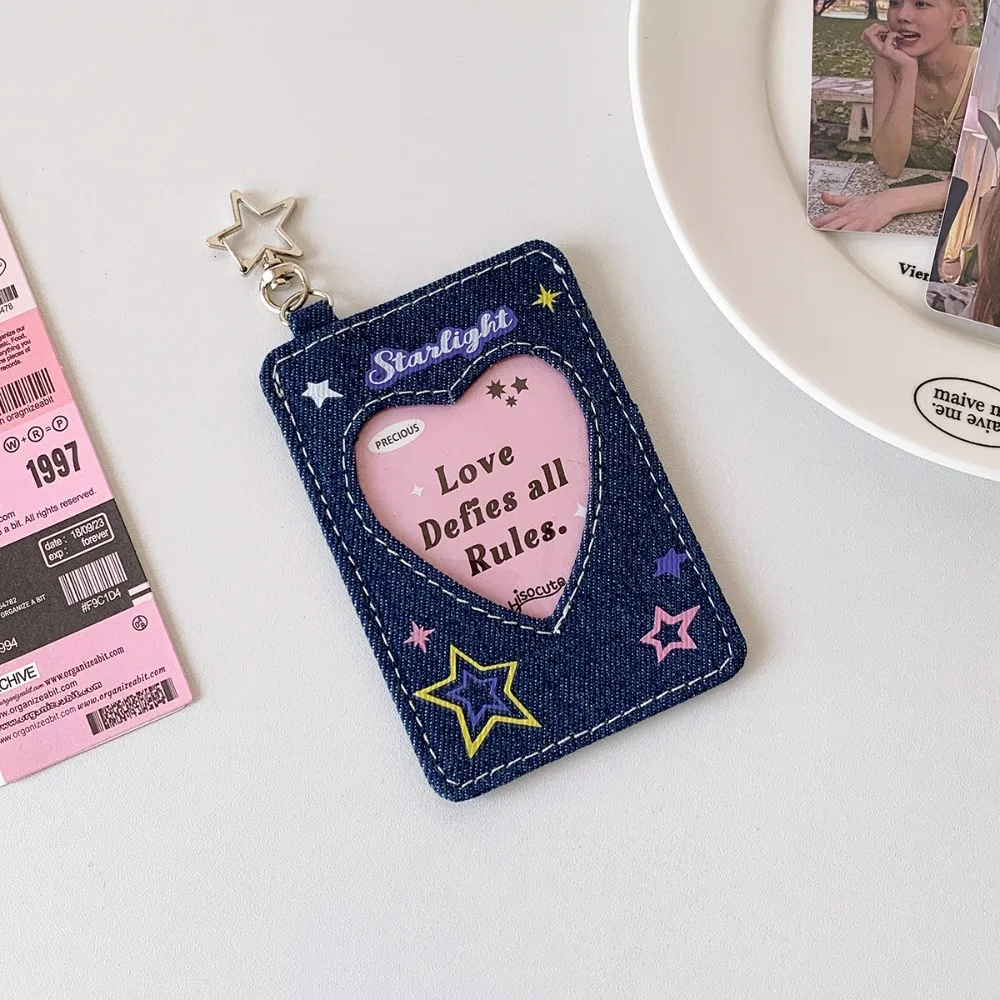 Kawaii Y2k Denim Card Holder Star Keychain Bag Pendant Cards Protector Love Heart Pendant ID Card Holders Photocard