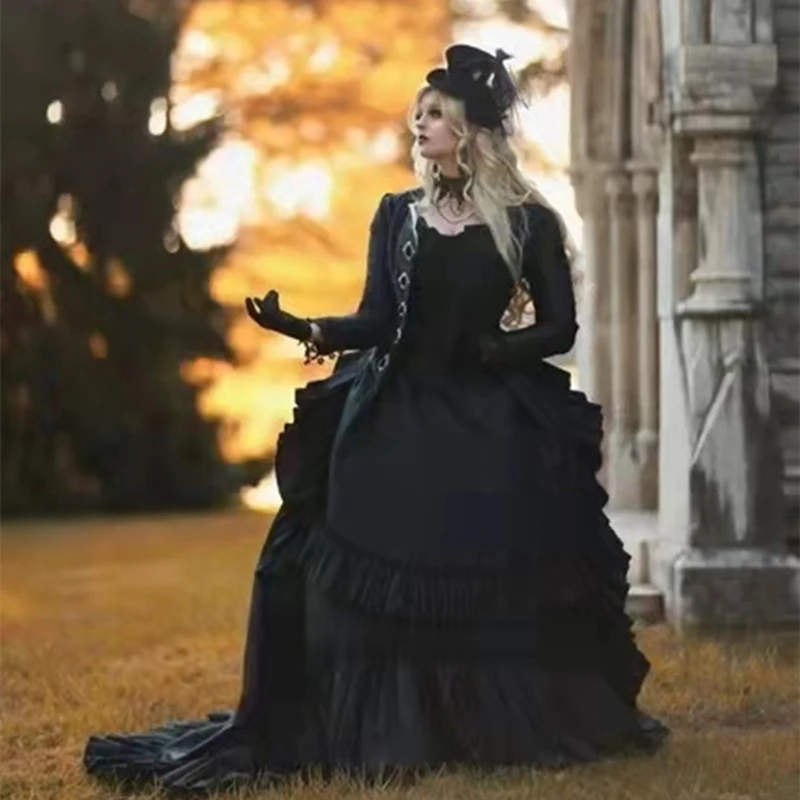 

Gothic Black Wedding Dress With Jacket Corset Vintage Victorian Bridal Gowns Court Train Masquerade Vestido Customized 2025