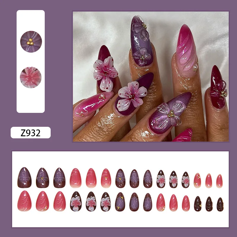 24pcs Chinese Style False Nail Tips 3D Flower Water Drop Designed Press On Nails Glossy Purple Rose Pink Detachable Fake Nails