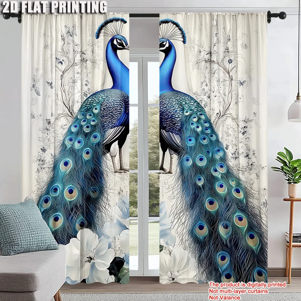 

2Pcs Vintage Peacock Flower Printed Window Curtains Blackout Decorative Drapes For Kitchen Bathroom Home Decor