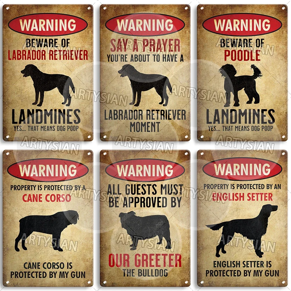 Beware Of Dog Warning Metal Sign Setter Aussie Corso Frenchie Labrador Poodle Bulldog Beagle Shorthaired Pointer GSP Lab Plaque