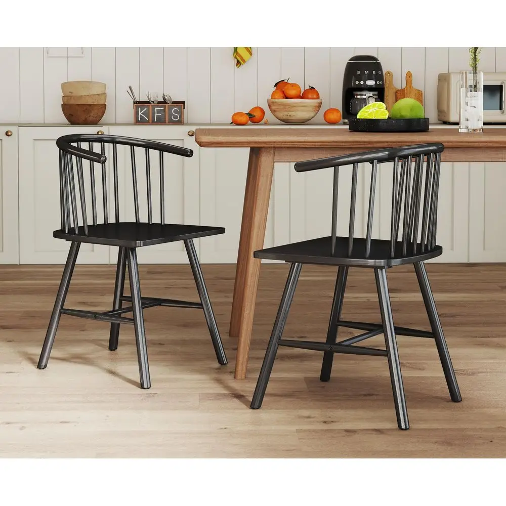 

Black Wooden Dining Chairs Set of 2 Farmhouse Spindle Dining Room Chairs with Arms Wide Curved Back Modern Kitchen Chairs Windso