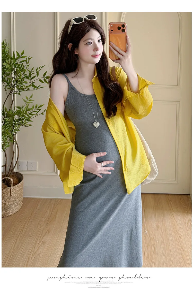 Maternity Suit Summer 2026 Minimalist Casual Gray Spaghetti Strap Dress and Yellow Shirt for Pregnant Women