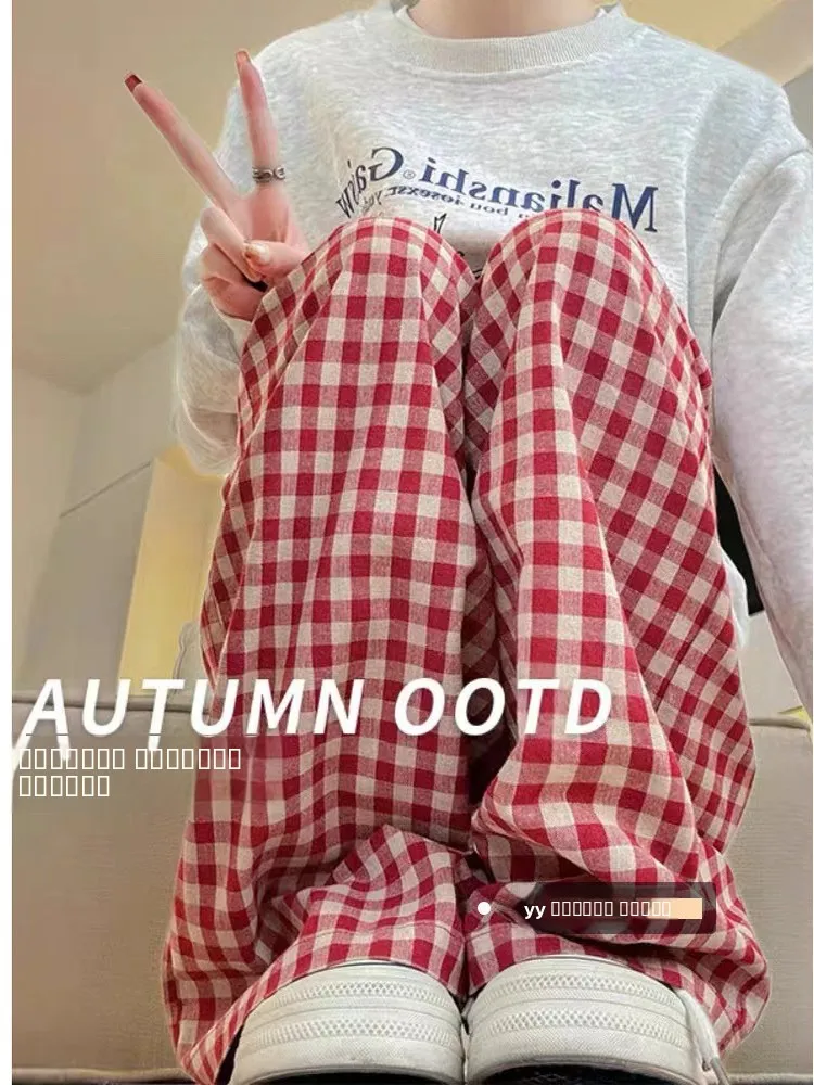 

Красные клетчатые брюки женские с высокой талией, утягивающие, универсальные, струящиеся, повседневные, прямые, широкие брюки для осени и зимы