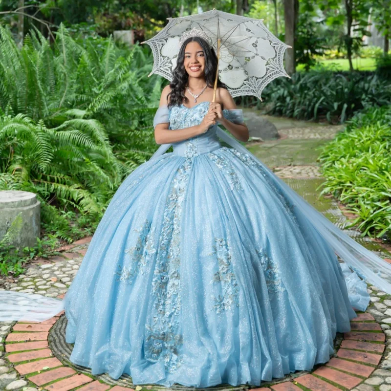 

Shiny aqua blue Off Shoulder Quinceanera Dress Tull glitter decal Lace 3D flower vestidos de 15 Quinceanera ﻿Customized