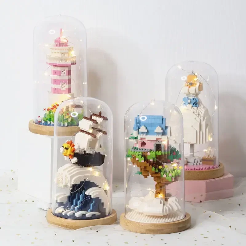 2024 Mini Building Blocks One Piece Wedding Dress Lighthouse Tree House Kids Mini Brick Toys with Display Box LED Light