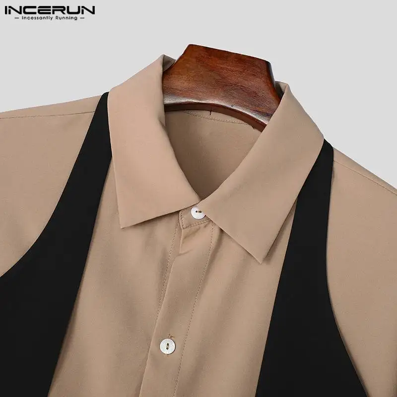 INCERUN Tops 2024 American Style Men\'s Fashion Contrast Bow Design Shirts Streetwear Personality Male Long Sleeved Blouse S-5XL