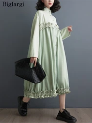 Oversized Spring Autumn Long Shirts Dress Women Mesh Patchwork Modis Loose Ruffle Pleated Ladies Dresses Long Sleeve Woman Dress