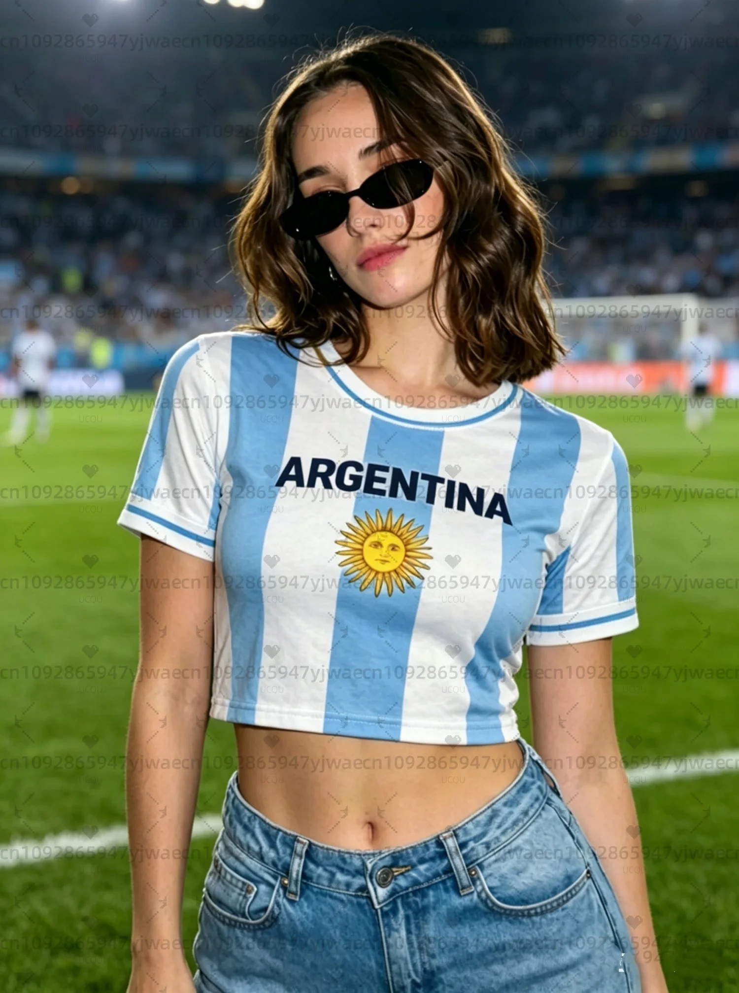 Camiseta de fútbol para mujer con estampado argentino, top corto con diseño de bandera azteca, camiseta informal de verano para fanáticas del fútbol