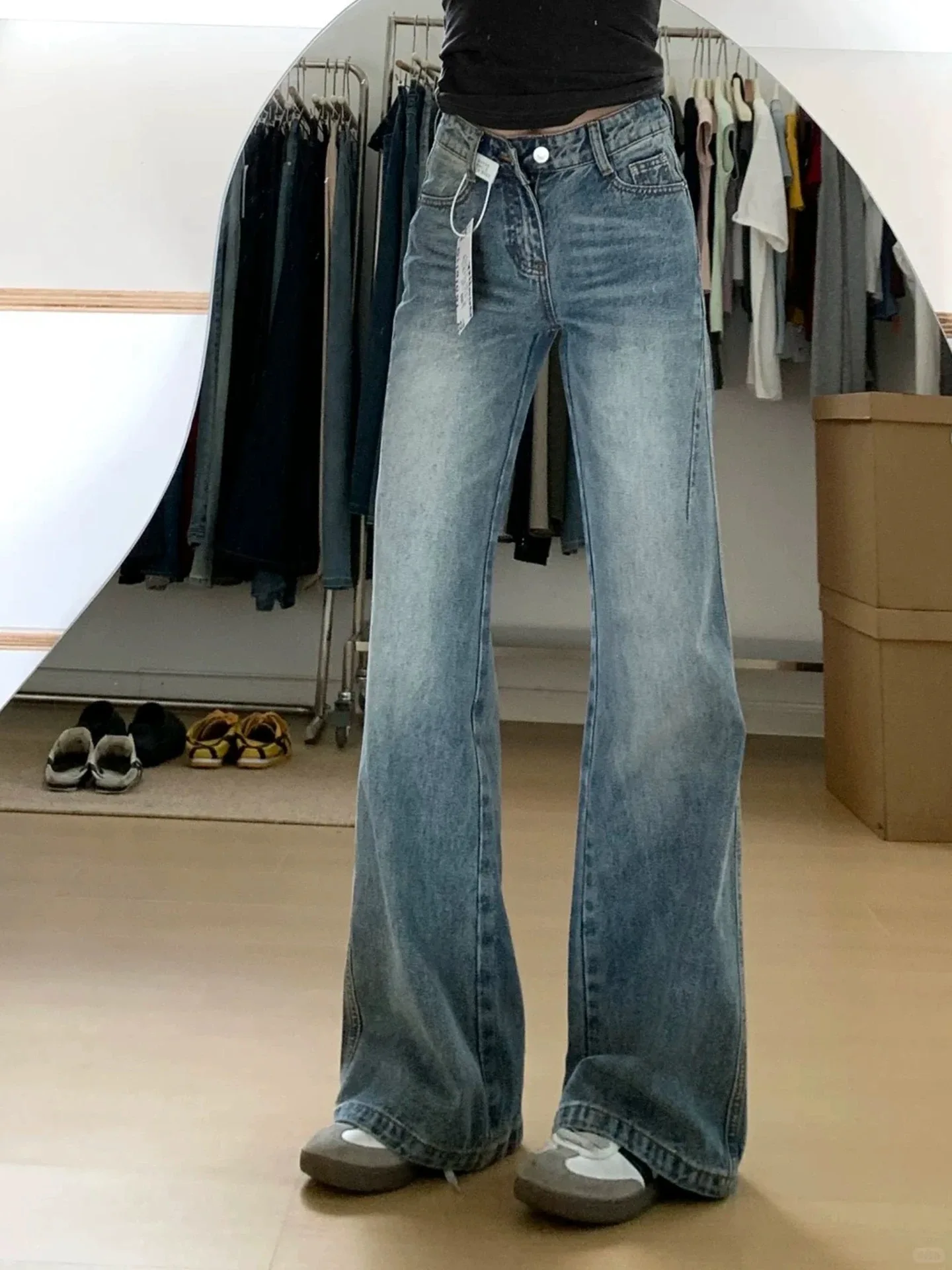 

Y2K Low Waist Jeans Women American Retro Wide Leg Slightly Flared Patchwork Loose Flared Pants Autumn Vintage Denim