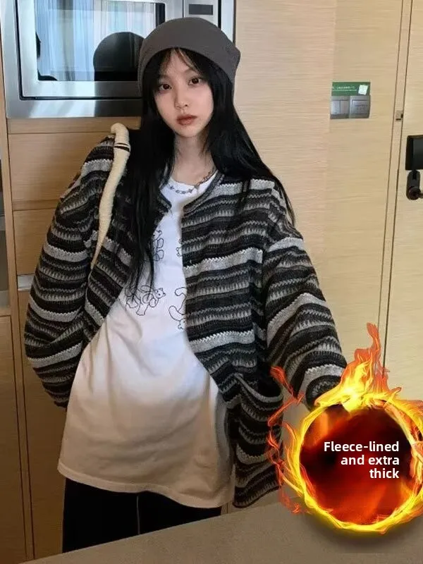 

Thiened Fce Open Cardigan Sweater ex Casual Loose Outerwear Vintage Striped Knitted Warmth Birthday Gift for Teens