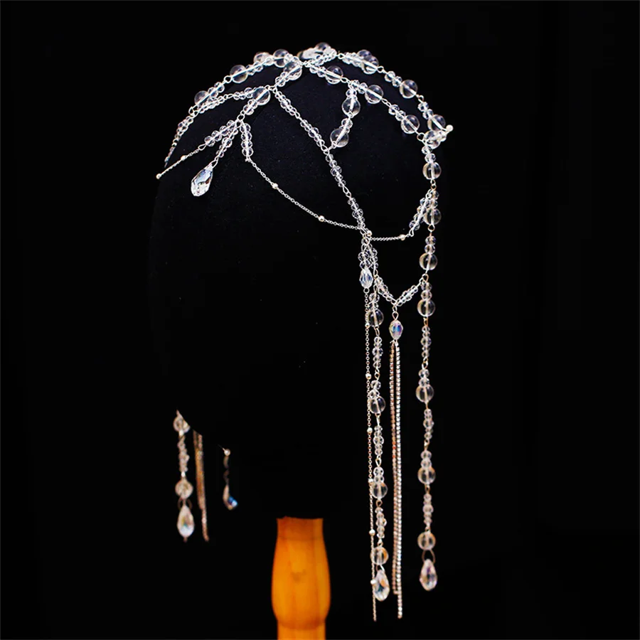 Shining bridal crown tiara Korean style super fairy crystal tassel beaded forehead ornament high-end wedding styling accessories