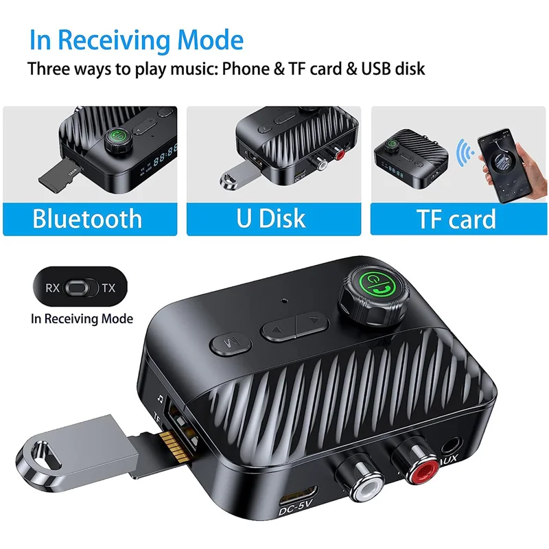 Bluetooth 5.3 Transmitter Receiver Stereo LED Screen 3.5MM AUX RCA Wireless Handsfree Music Audio Adapter for TV Car