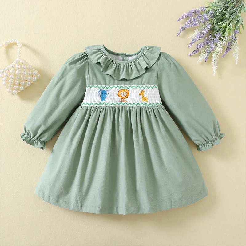 

Spring Autumn 2023 Baby Girl Long Sleeve Princess Dress Embroidery Flower Print Children's Cute Dresses Kids Smocking Clothes