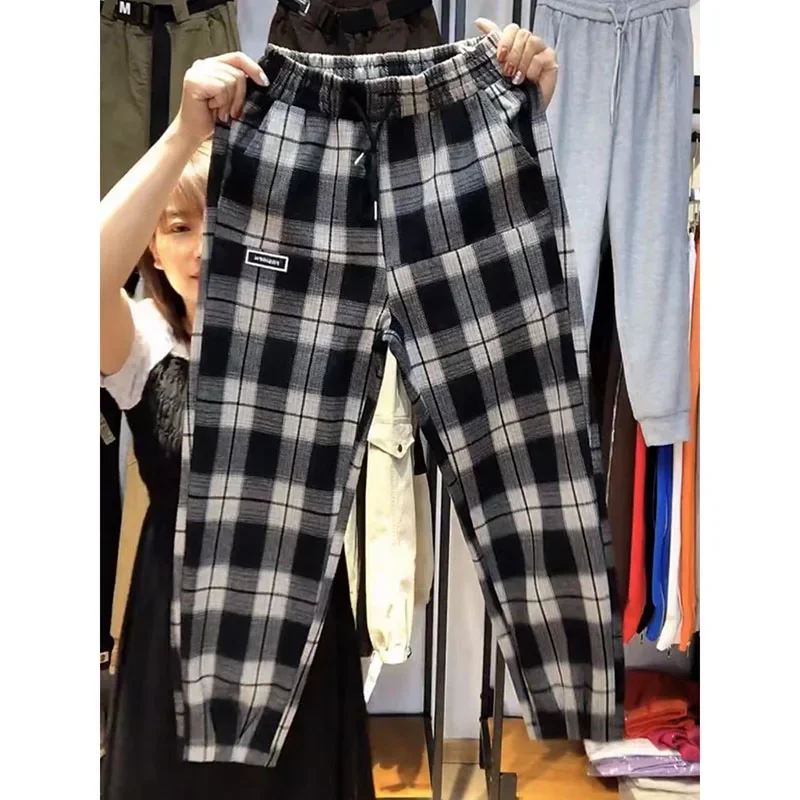 

LIBIELIY Korean Women's Pants Autumn New 2025 High Waist Plaid Loose Harun Pants Female Casual All-Match Pants Female Trousers