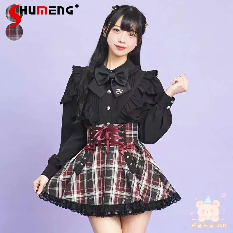 

Japanese Mass-Produced Harajuku Style Sweet Cute Girl's Lolita Skirts High-Waisted Lace-up Bow Plaid Pleated Skirt Women Summer