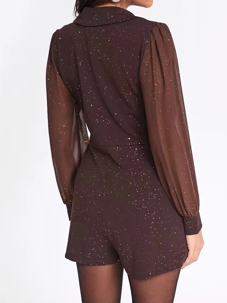 

Elegant High Waist V-neck Commute Short Rompers New Mesh Spliced Polka Dot Print Jumpsuits Vintage Long Sleeve Women's Playsuits