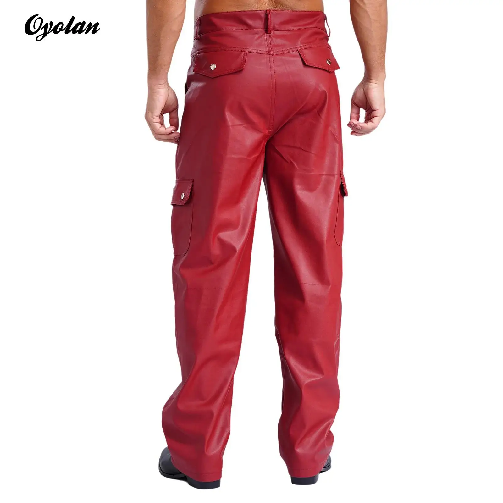 Mens Zipper Smooth Lining Solid Color Trousers Motorcycle Over Pants PU Leather Cargo Pants Multiple Pockets Music Party Costume