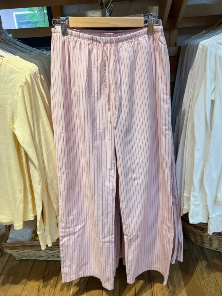 

Sweet Pink Striped Drawstring Straight Sweatpants Women New Y2K Cotton Linen High Waist Trousers Preppy Style Sport Long Pants