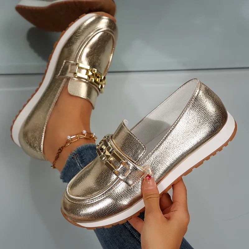 Women Chain Decor Platform Sneakers Fashion Gold Silver Designer Shoes Woman Lightweight Slip on Casual Walking Shoes Plus Size