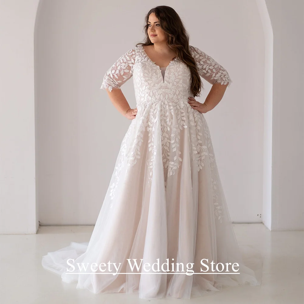 بالإضافة إلى حجم فستان زفاف العروس Vestido De Noiva مخصص نصف الأكمام الخامس الرقبة الدانتيل لينة تول ألف خط مشد فستان زفاف