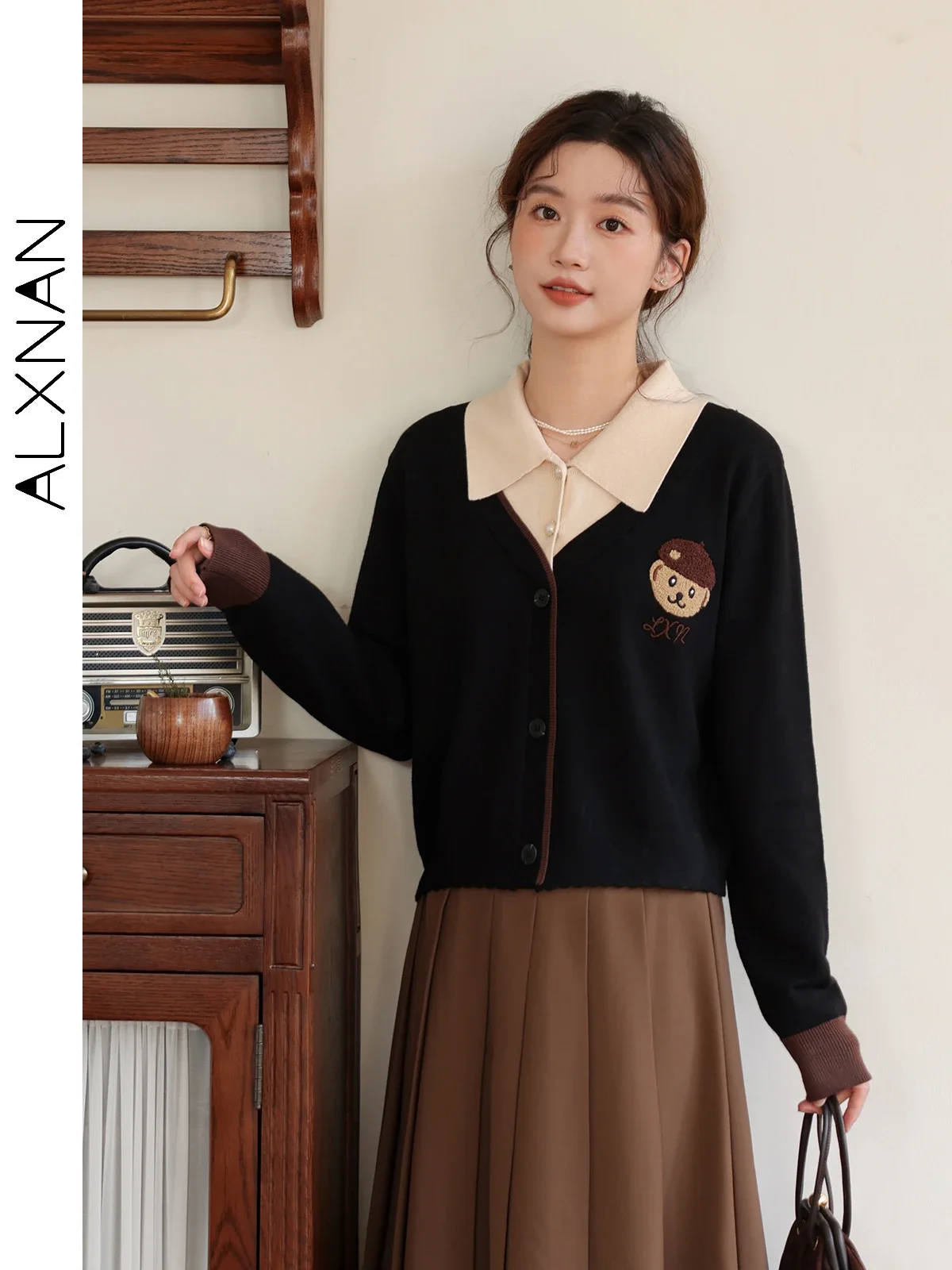 ALXNAN Fake 2 Piece Polo Collar Knitted Cardigans 2024 Autumn Winter Patchwork Sweet Long Sleeve Sweater Coat Female LXN31701