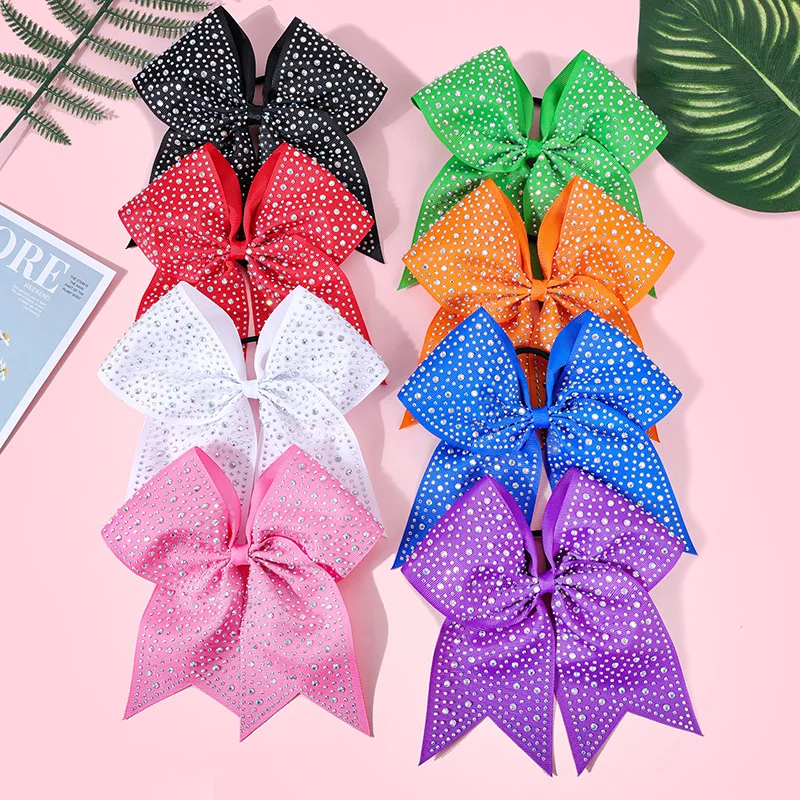 

18 Pcs/Lot, 7" Sparkly Diamond Ribbon Bow Hair Tie Rubber Band Sweet Dovetail Cheer Bow Hairtie Children Girls Hair Accessories
