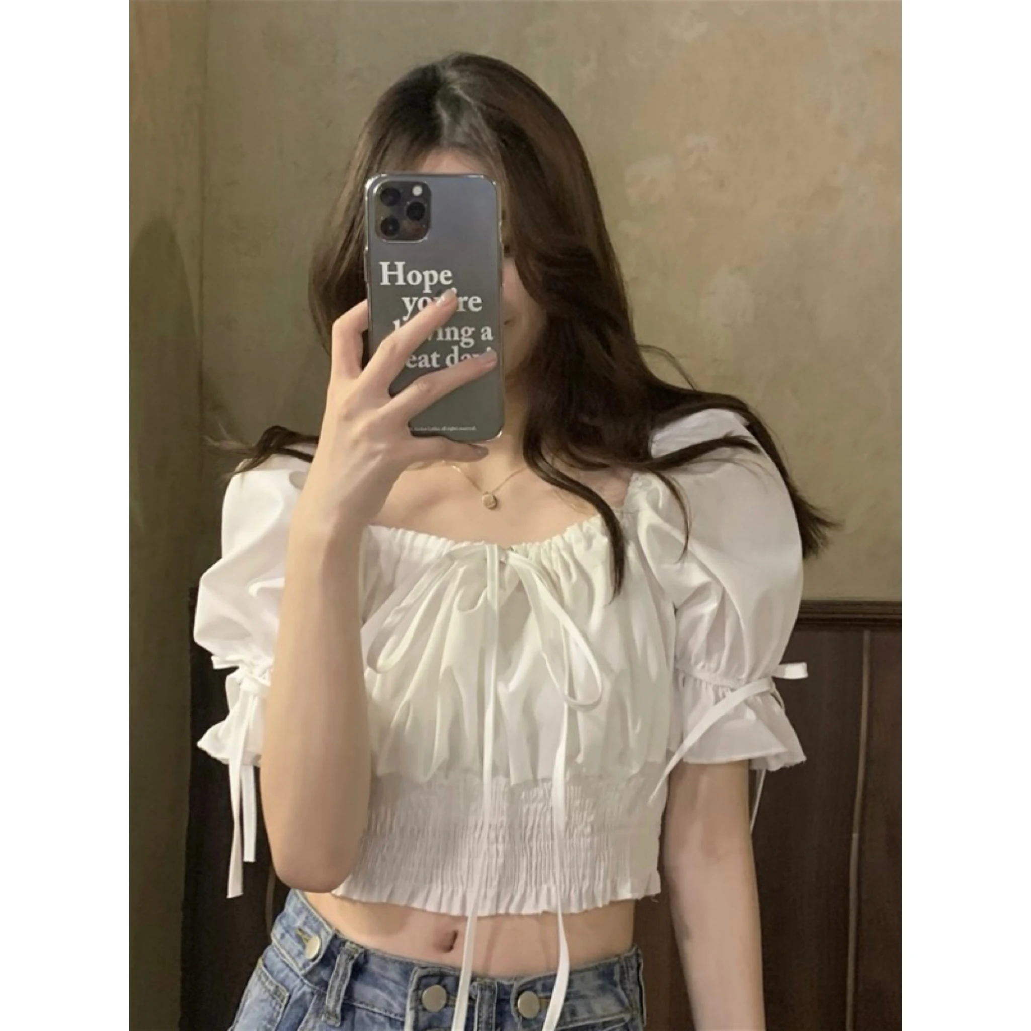 

White Square Neck Thin French New Summer Women Shirt Female Korean Chic Puff Short-sleeved High-waisted Slim Shirts & Blouses