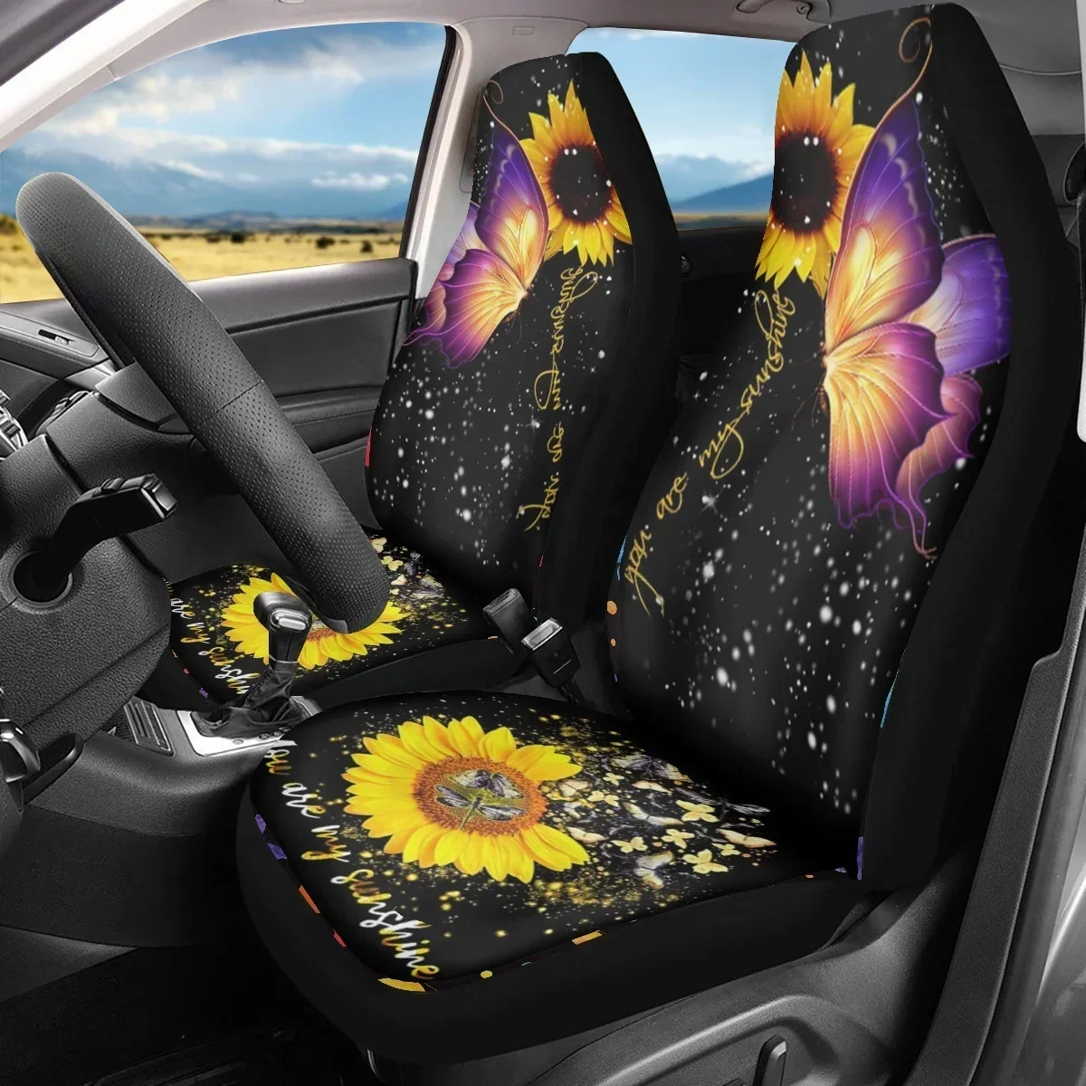 Beautiful Butterfly Sunflower Pattern Auto Front Seat Cover Set for Women Men Easy Installation Anti-dirt Car Seat Covers Set