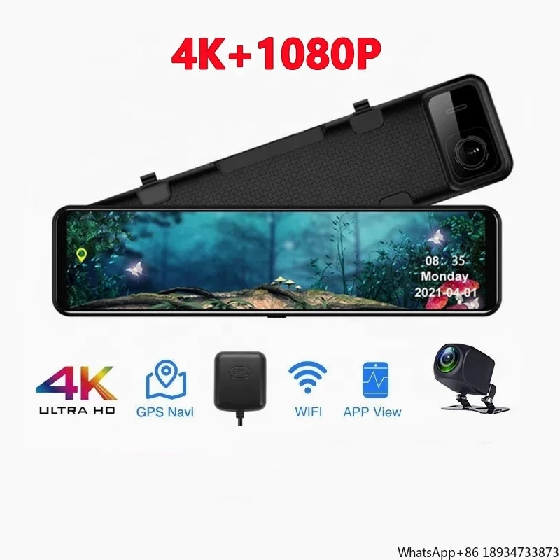 12 Inch 4K+1080P dual lens Rearview Mirror Car Dvr Video Recorder reverse dash camera dash cam front and rear 4k With GPS WiFi