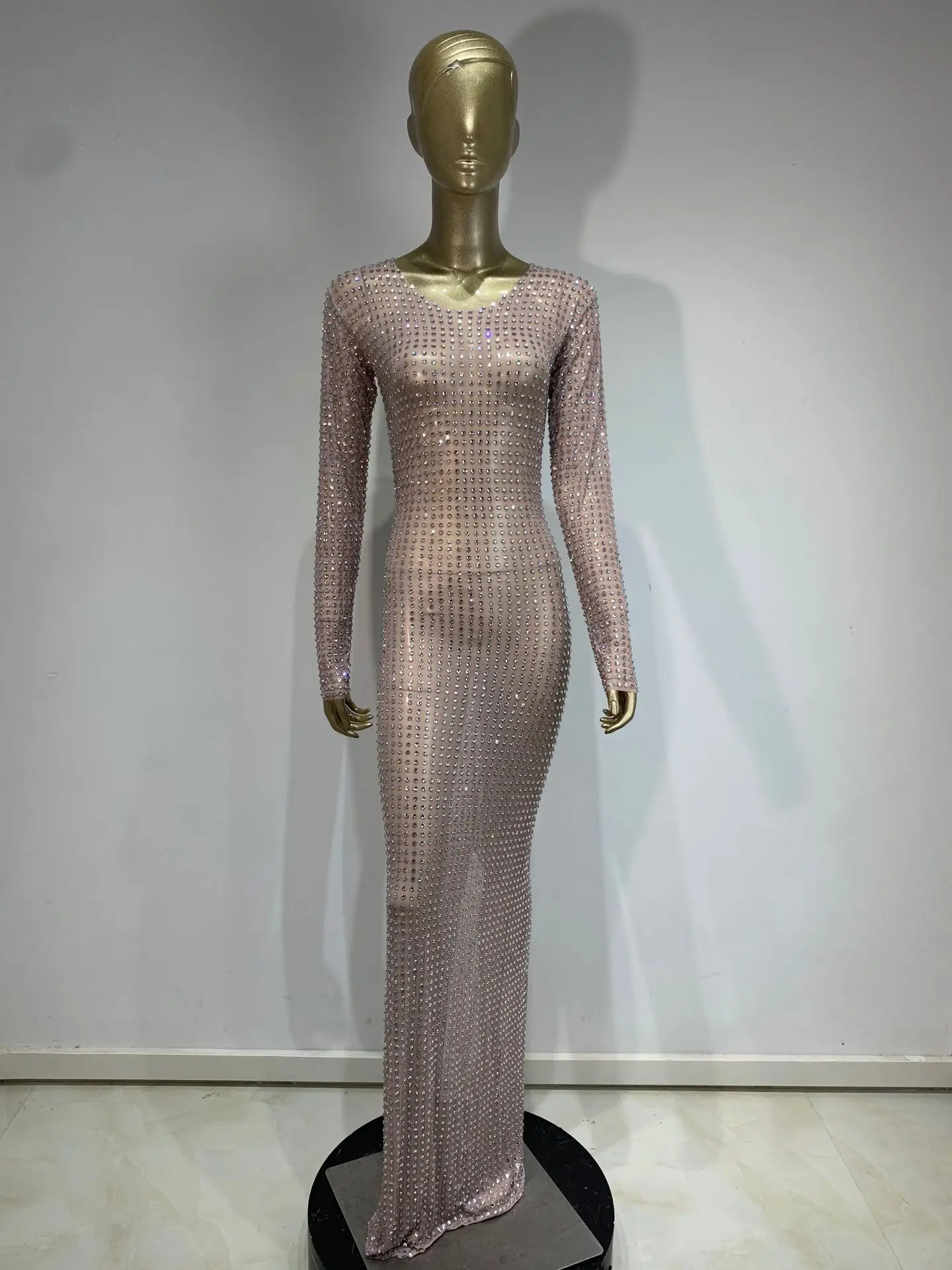 สต็อกตาข่ายเพชรแขนยาวชุดElegant Partyชุดราตรีชุดไนท์คลับเวทีสวมใส่Body Transparente Flecos