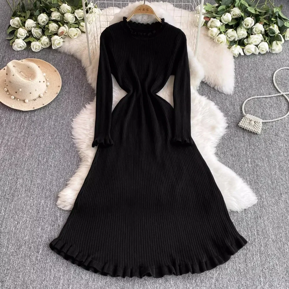 Elegant O-neck Vintage Long Sleeve Chic Ear Fungus Edge Slim Knitted Dresses Korean Evening High Street Autumn Winter Clothing