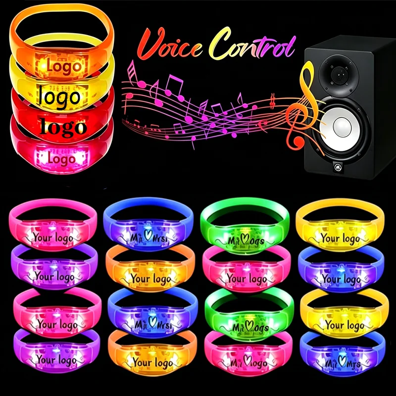 

12/36/48 шт. Персонализированные светодиодные браслеты с музыкальной и звуковой активацией, светящиеся LED-браслеты для свадеб, дней рождения и вечеринок.