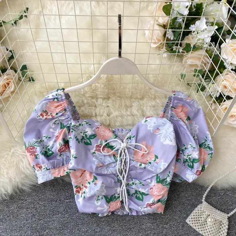 Women Short Puffed Sleeves Tops Fashion New Female Sexy Lace-up Short Crop Print Blouse Slash Neck Shirts L935