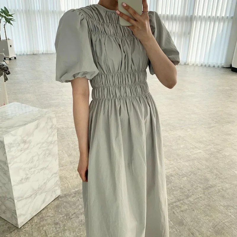 Korobov 2022 New Arrival Korean Chic O Neck Women Dress Vintage Elegant Summer Vestidos Sweet A-Line Puff Sleeve Female Dress