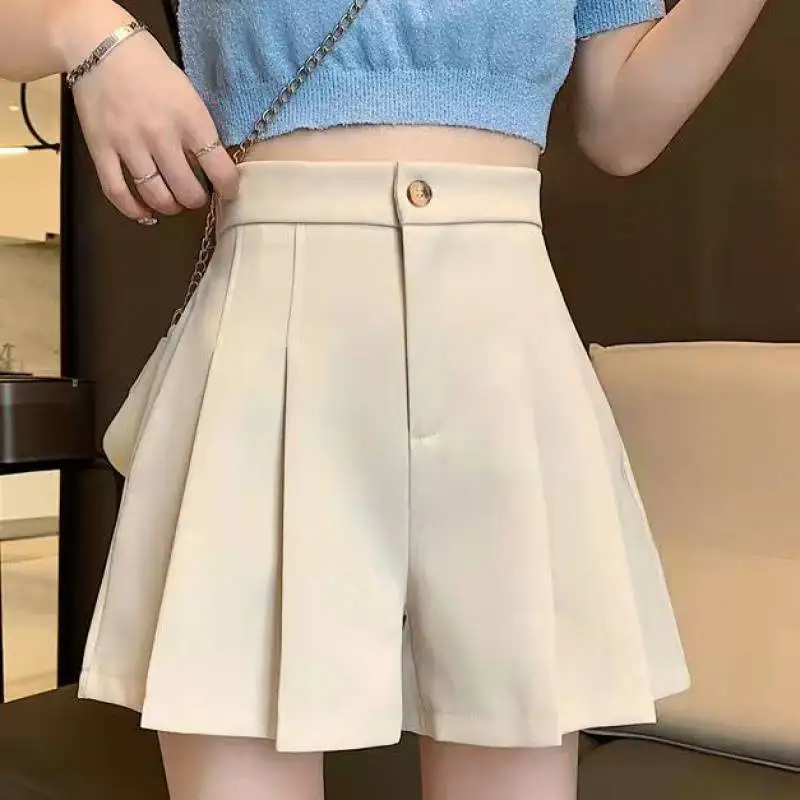 

Korean Fashion Simple Sweet High Waist Casual Suit Shorts Women Solid Button Zipper Barrel Pleated Big Size Wide Leg Short Pants