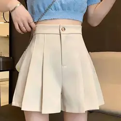 Pantalones cortos informales de cintura alta para mujer, traje plisado de pierna ancha, color liso con botones y cremallera, talla grande, moda coreana