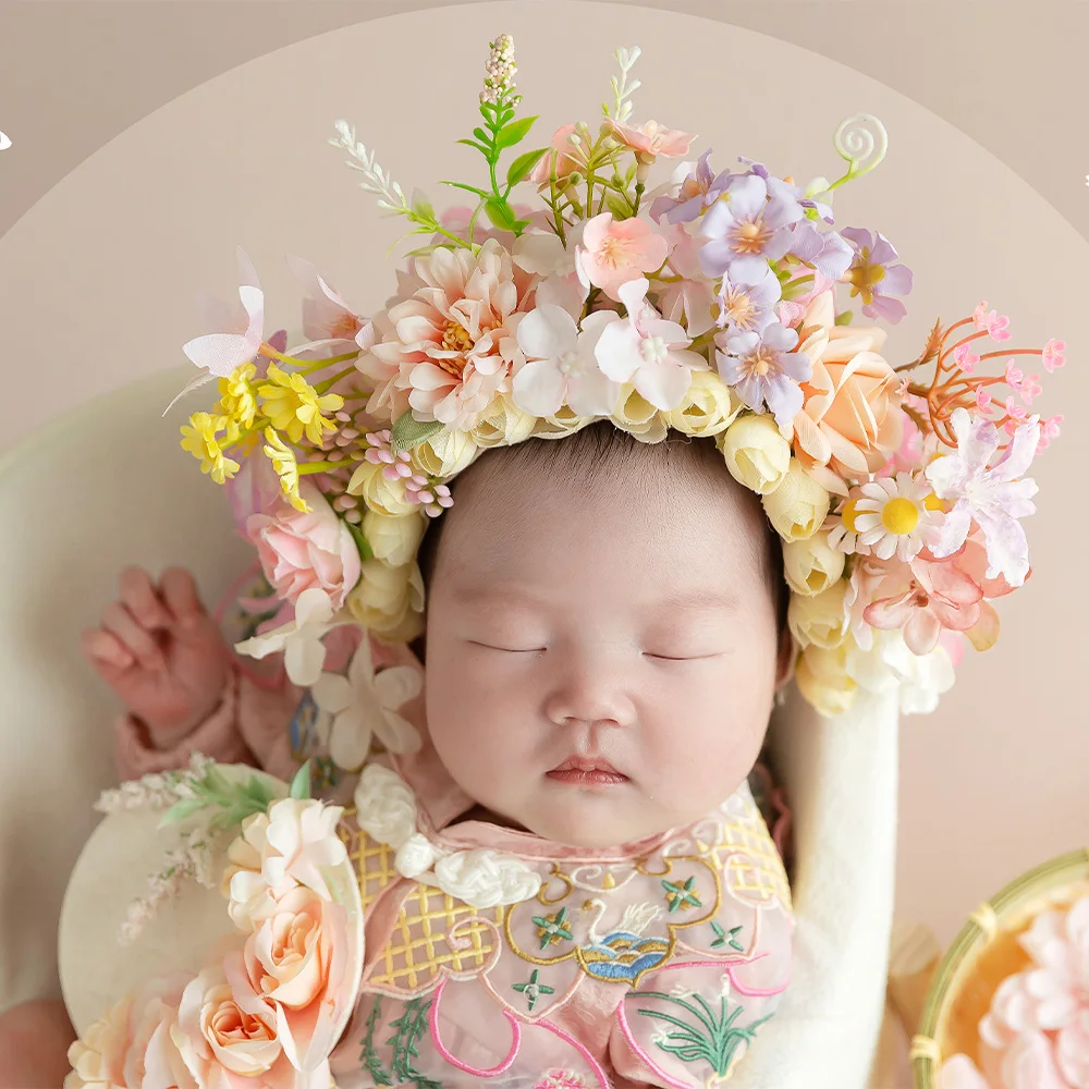 Baby Girl Newborn Photoshoot Outfits Pretty Chinese Elements Style Photography Clothing Bow Tiara Ethnic Style Flower Headdress