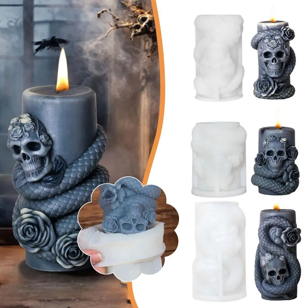 Skull Flower Snake Column Candle Silicone Mold Geometric Handicraft Mould Halloween Candle Aromatherapy Decor Cylindrical G D1C0