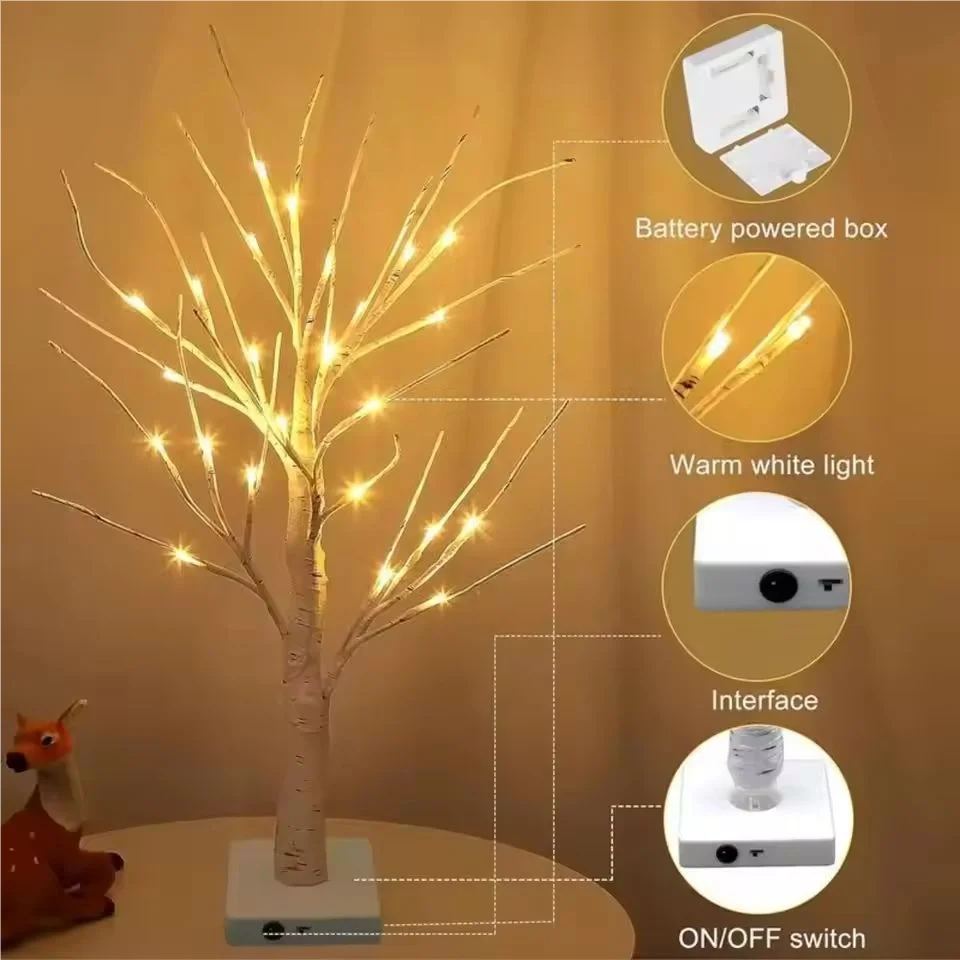 24LED Birch Tree Adjustable Branches Light,3AA And USB Powered Supply Night Light,Bedroom Decorative Tree Light(Without Battery)