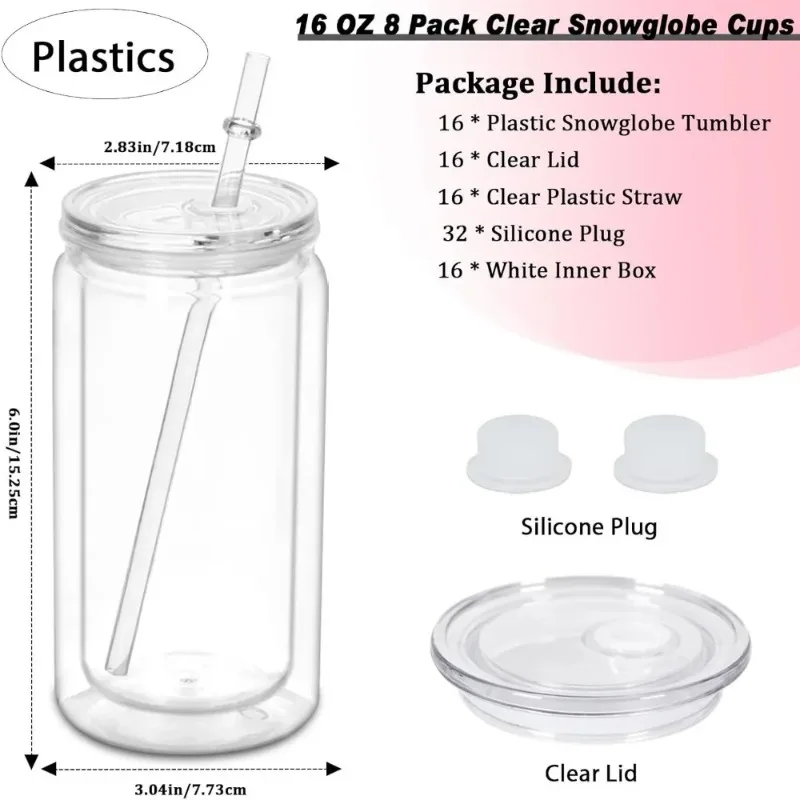 16oz Plastic Snow Globe Tumbler, 16 Pack DIY Clear Glitter Double Wall Insulated Cup with Pre Drilled Hole