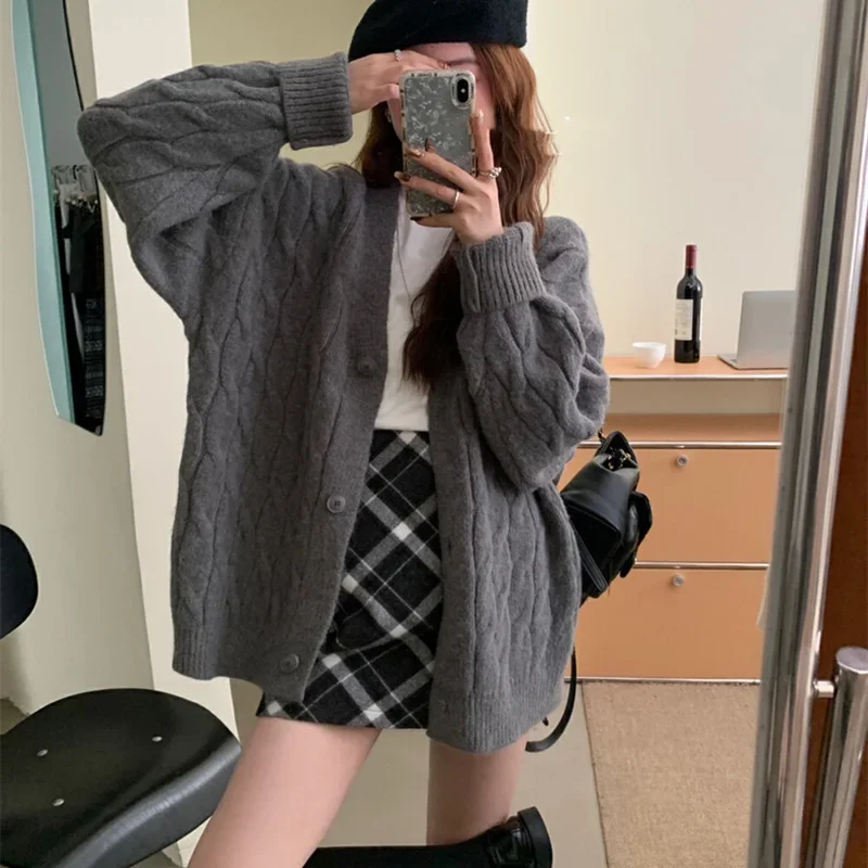 Korean Loose Single Breasted Knit Cardigans Women Solid Color V Neck Twist Sweater Coat Woman College Warm Long Sleeve Cardigan