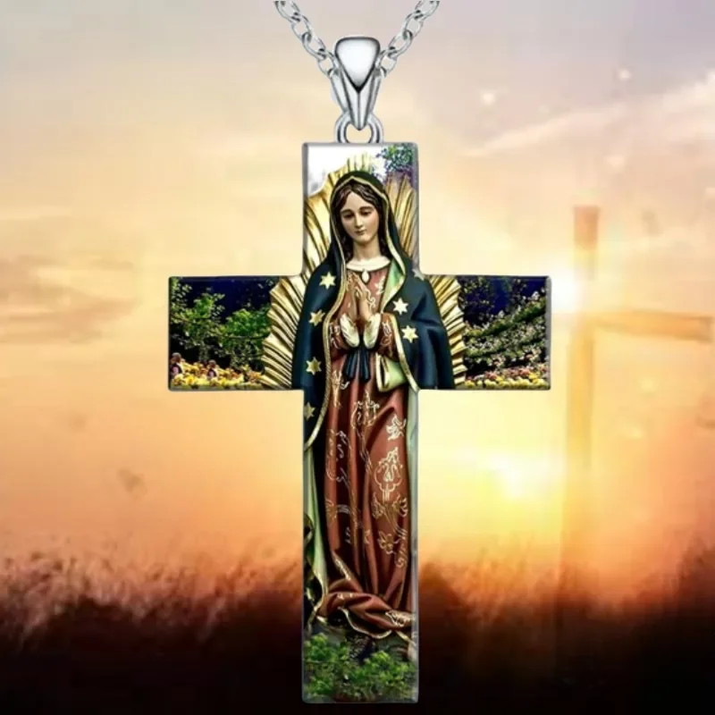 Delicate Fashion Prayer Virgin Mary Cross Stand Necklace for Women Faith Christianity Religious Accessories for Mother Grandma