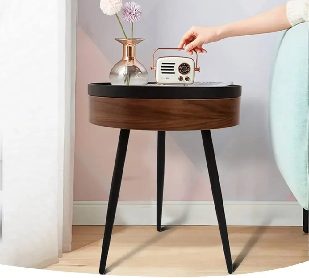 Bed Side Table Small Coffee Table with Storage Barrel, Surrounding Edge Top with Metal Legs, Large Storage Space