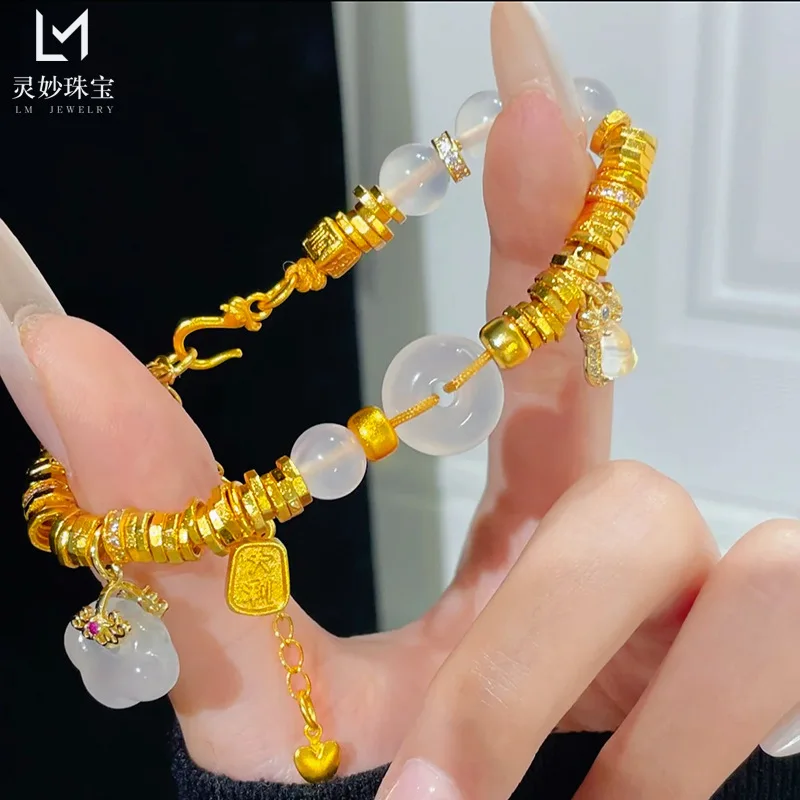 

Gold shop 9999 24K real gold point drill hoist peaceful buckle bracelet au999 pure gold white jade bracelet gift for girlfriend