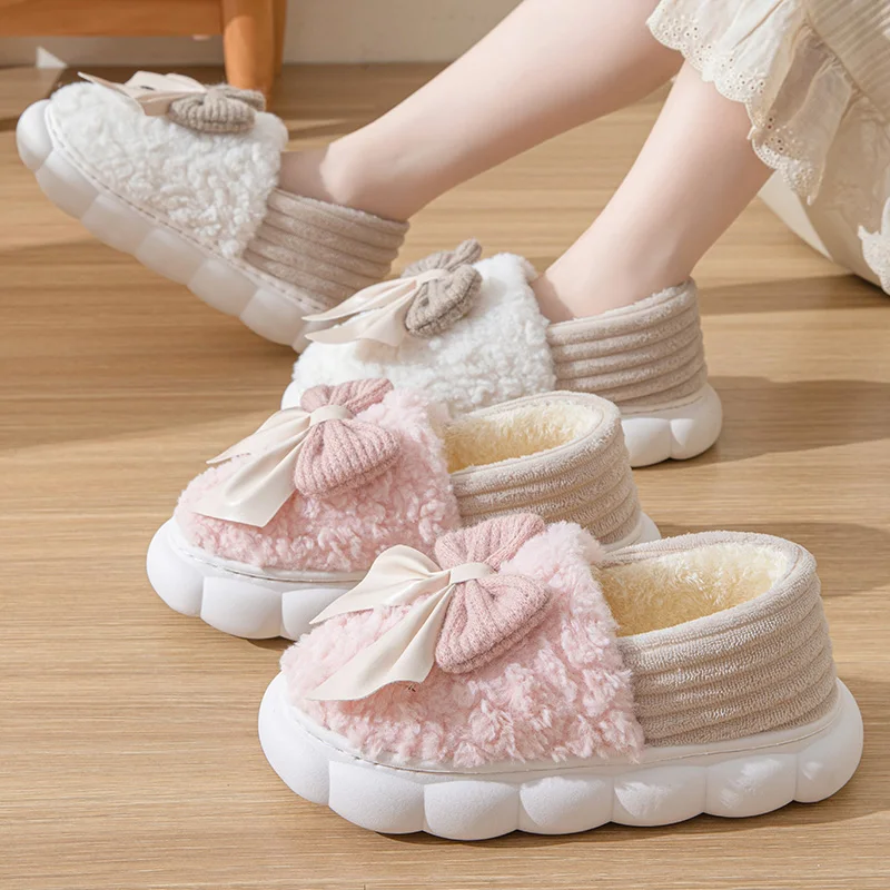 Bow cotton slippers new cotton shoes for women home autumn winter indoor warm moon cotton mop support winter