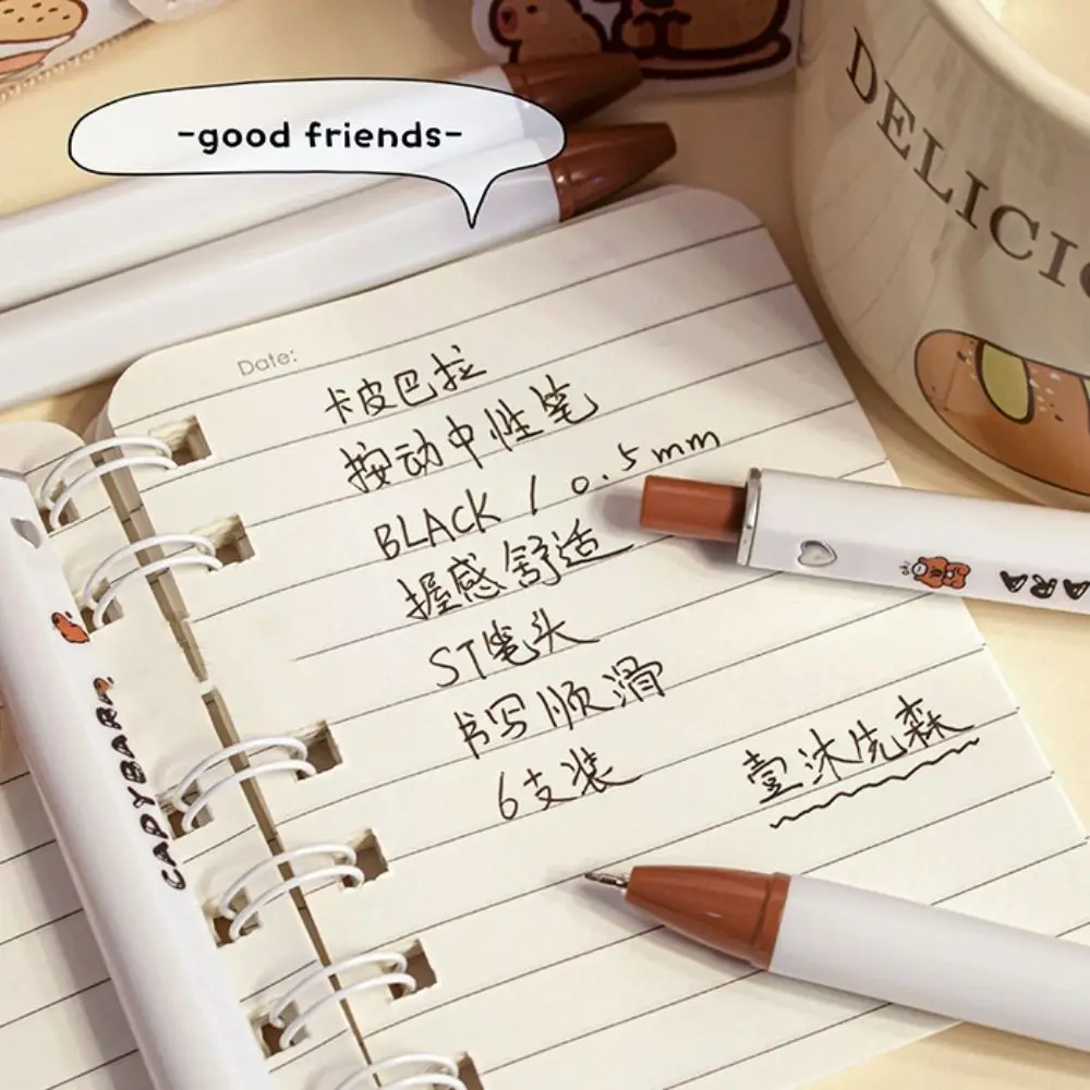 6PCS Aesthetic Capybara Panda Gel Pen Black Ink Good Looking 0.5mm Square Gel Pen Writing Signature Pressing Neutral Pen