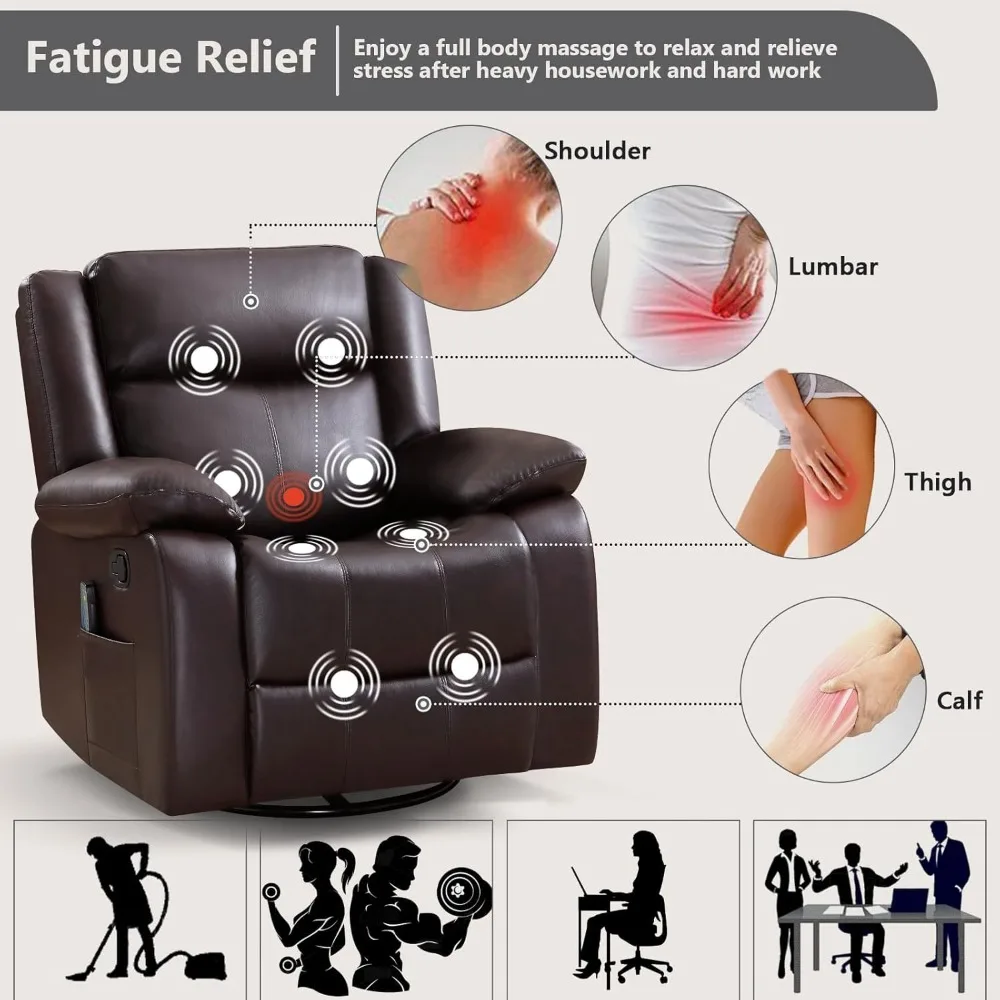 كرسي هزاز دوار مع تدليك وحرارة، جلد PU مبالغ فيه، كرسي مريح كبير